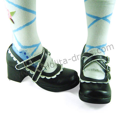 Black White Two Straps Lolita Heels Shoes