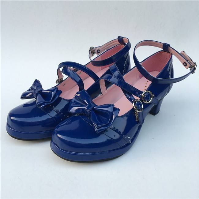 Black Bows Crossed Straps Matte Lolita Shoes Classic