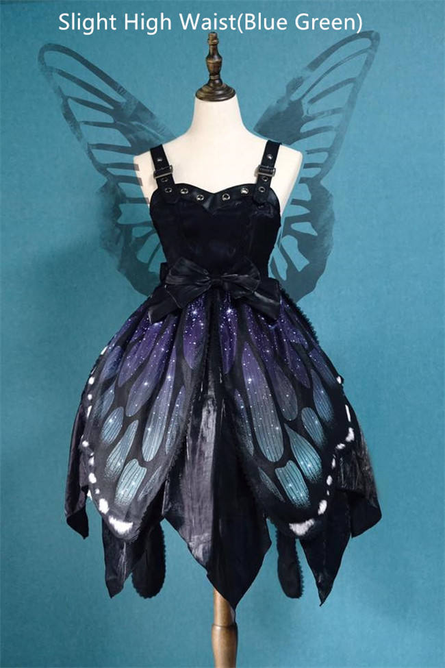 Butterfly Effect ~Punk Halloween Lolita High Waist JSK - Blue Green Short Version Size S - In Stock