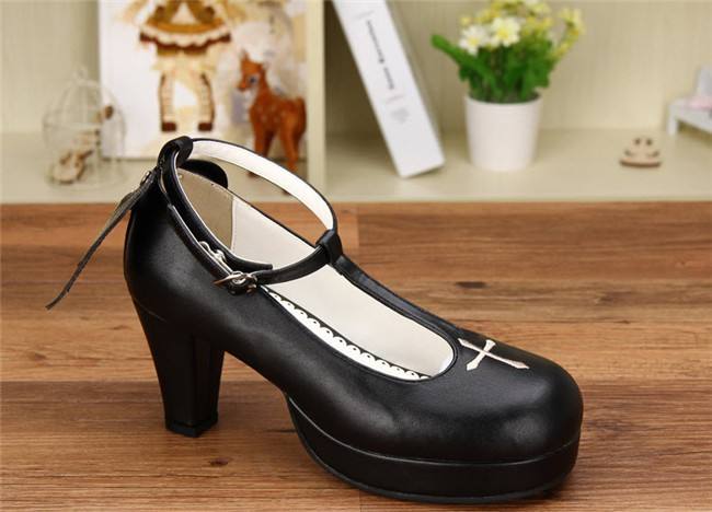 Angelic Imprint- Gothic T-shaped Straps Lolita Heels Shoes with Detachable Angel Wings