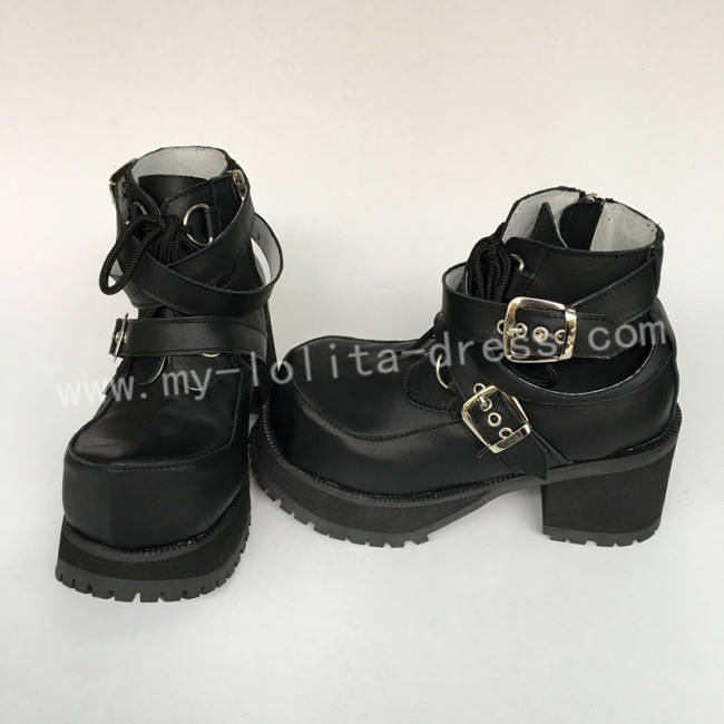 Glossy Black Gothic Punk Belts Lolita Shoes