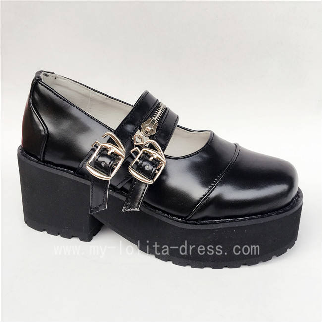 Black Matte HIgh Platform Lolita Shoes with Zipper Upper