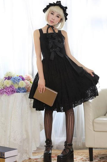 (Replica)Black Lace Bows Lolita Jumper In Stock