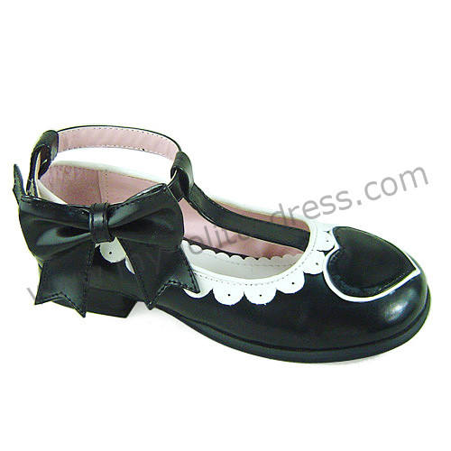 White Black Heart Side Bow Lolita Shoes