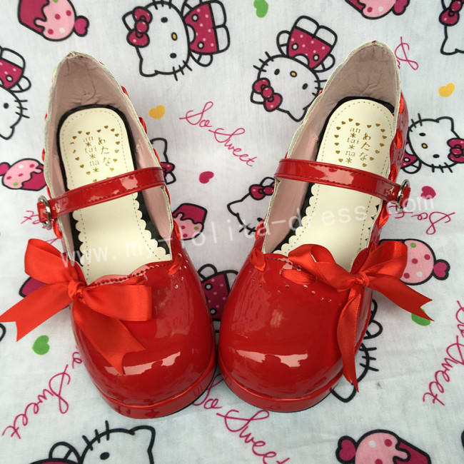 Girl's Sweet Glossy Red Lolita Heels Shoes