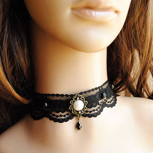 Romantic Black Lace Bowknot Pearl Lolita Choker