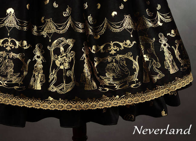 Neverland Lolita ~Golden Swan Lake~ Gold Stamping Thick Lolita JSK Black M - In Stock