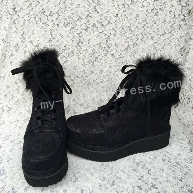 Gothic Black Velvet Lolita Short Boots with Lace and Furs