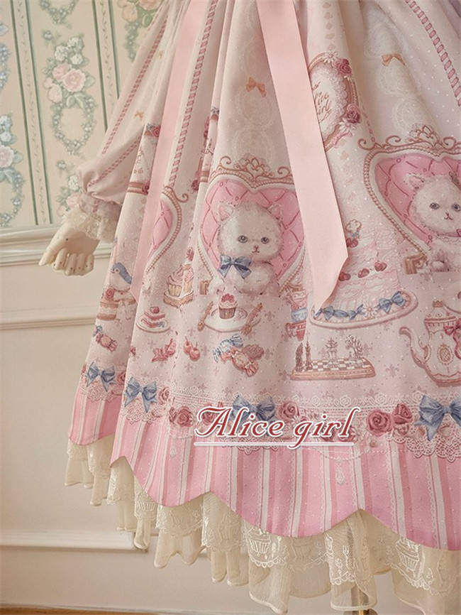 Alice Girl ~The Kitty's Tea Party Sweet Lolita OP/Salopette -Pre-order Pink Size S - In Stock