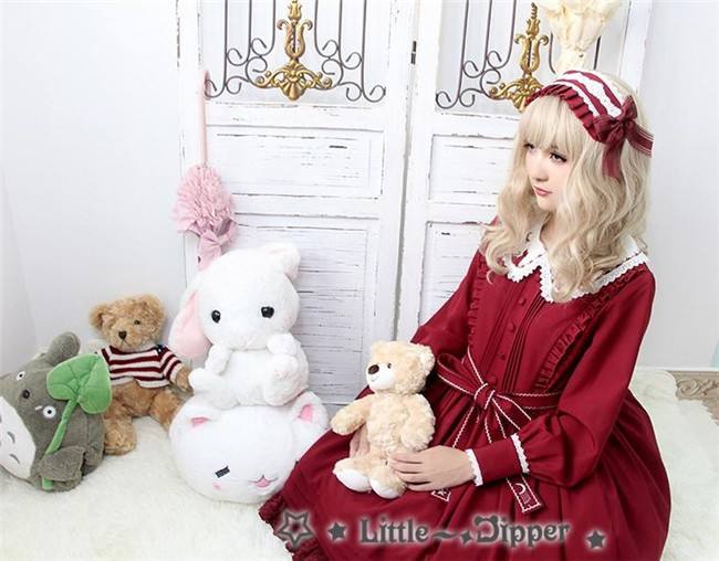 Little Dipper  ~Cat + Moon + Stars~ Embroidery Lolita Long Sleeves OP Dress - Ready Made