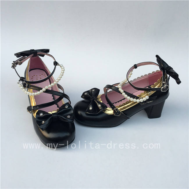 Sweet Black Beads Bows Lolita Shoes Flats Tea Party Heels