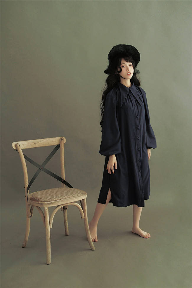 Vintage Unicolor Wing Collar Lolita OP Dress - Ready Made Navy M In Stock