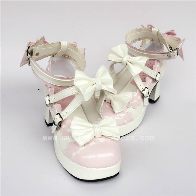 White Pink Square Heel Lolita Footwear