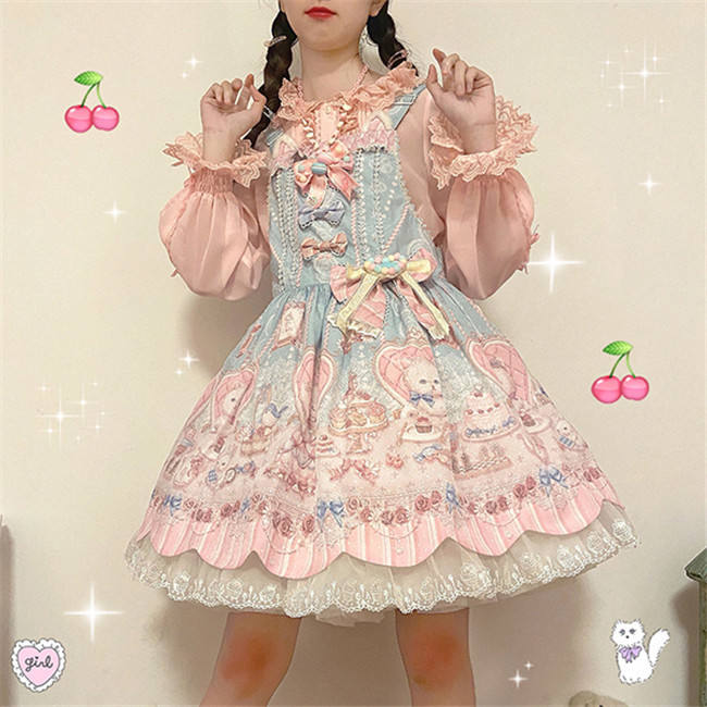 Alice Girl ~The Kitty's Tea Party Sweet Lolita OP/Salopette -Pre-order Pink Size S - In Stock