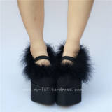 Black Velvet Lolita High Platform Shoes with  Ostrich Hair O