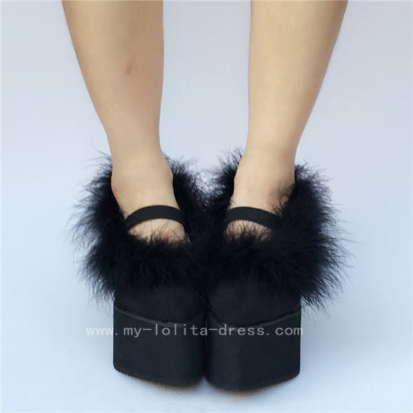Black Velvet Lolita High Platform Shoes with  Ostrich Hair O