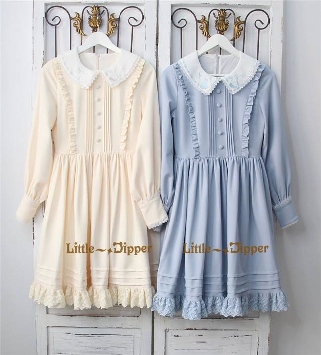 Little Dipper  ~Cat + Moon + Stars~ Embroidery Lolita Long Sleeves OP Dress - Ready Made