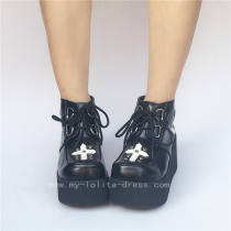 Black Gothic Lolita Shoes with White Cross Patterns