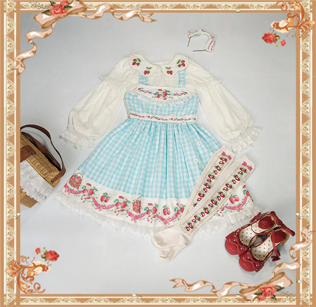 Strawberry Gingham Pure Cotton Lolita JSK Dress +Headbow