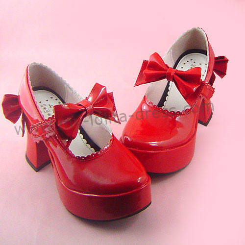 Red Shiny Bow Lolita Shoes
