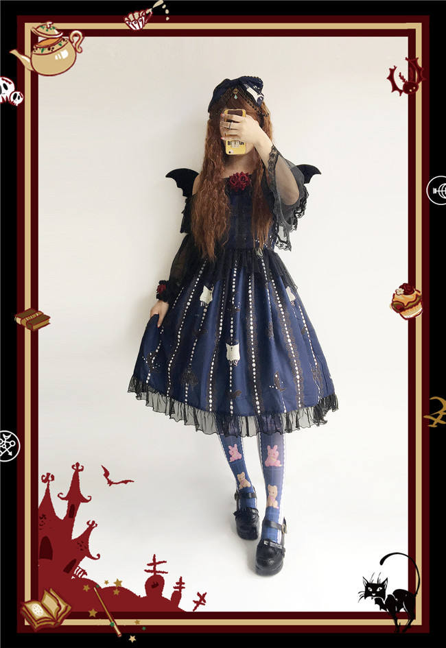 The Cat Cross~ Halloween Lolita JSK Dress + Headbow Navy Blue Size M - In Stock
