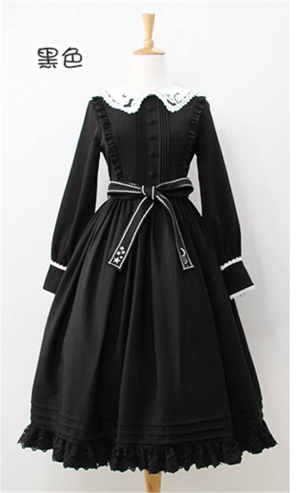 Little Dipper  ~Cat + Moon + Stars~ Embroidery Lolita Long Sleeves OP Dress - In Stock