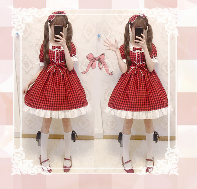 Little Bear Lolita タータンチェック ワンピース 赤 Little Bear Shop ~ Plaid Lolita Dress