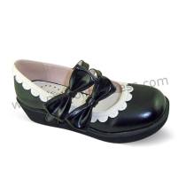 Black Double Bows Lolita Shoes White Trim