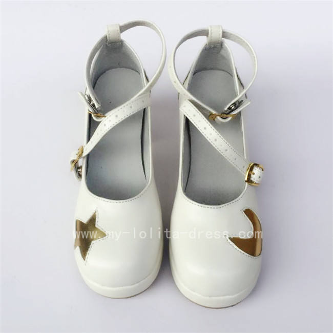 White Real Leather Lolita Shoes with Moon & Star Pattern