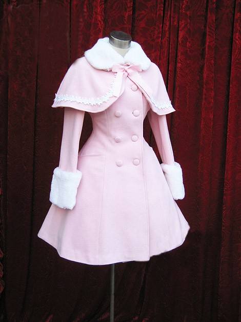 Lolita Coat with Fur Collars Removable Cape - Pink Sweet Red Christmas Wine Size S - In Stock