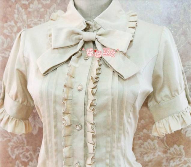 Cotton Short Sleeves Ruffles Bows Lolita Shirt 7 Colors Pink S & Khaki M - In Stock
