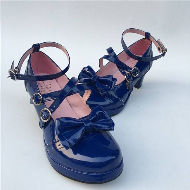 Black Bows Crossed Straps Matte Lolita Shoes Classic