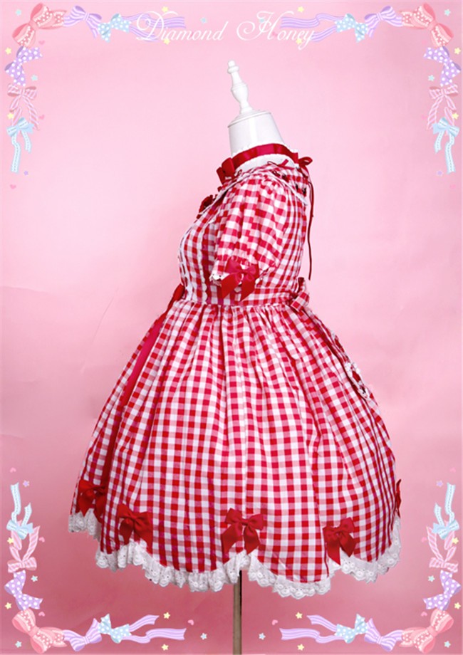 Diamond Honey -Miss Cherry- Red Gingham Hearts Embroidery Lolita