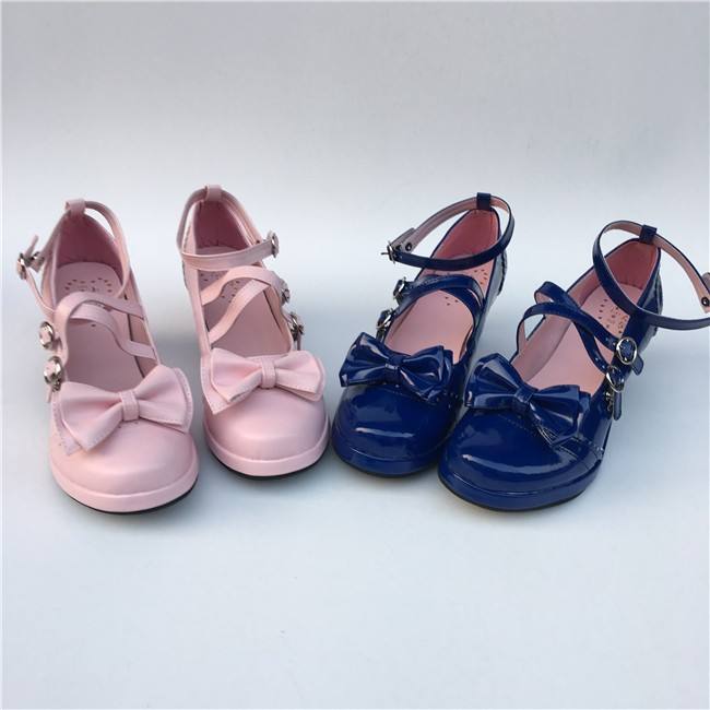 Black Bows Crossed Straps Matte Lolita Shoes Classic