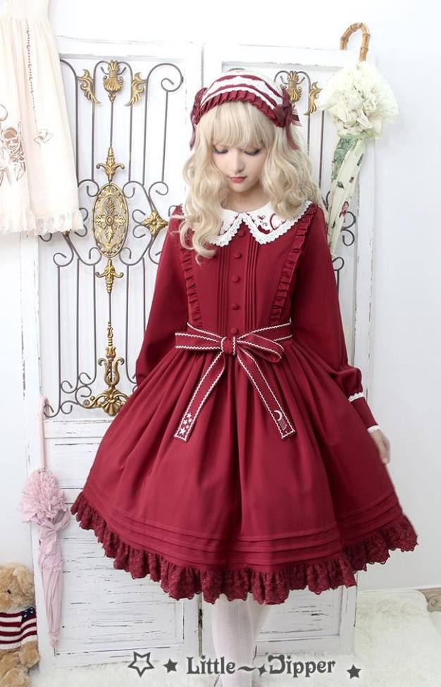 Little Dipper  ~Cat + Moon + Stars~ Embroidery Lolita Long Sleeves OP Dress - Ready Made