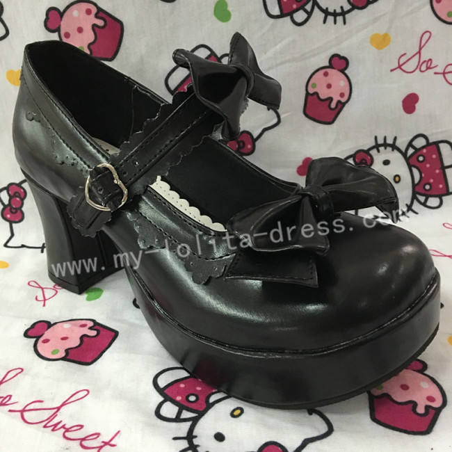 Black White Two Bows Lolita Shoes
