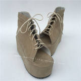 Beige Velvet Lolita Shoes With Shoeslace
