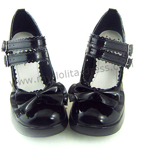 Black Top Bow Lolita Shoes White Trim