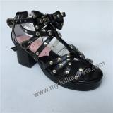 Black Glossy Straps Bows Lolita Square Heels Shoes