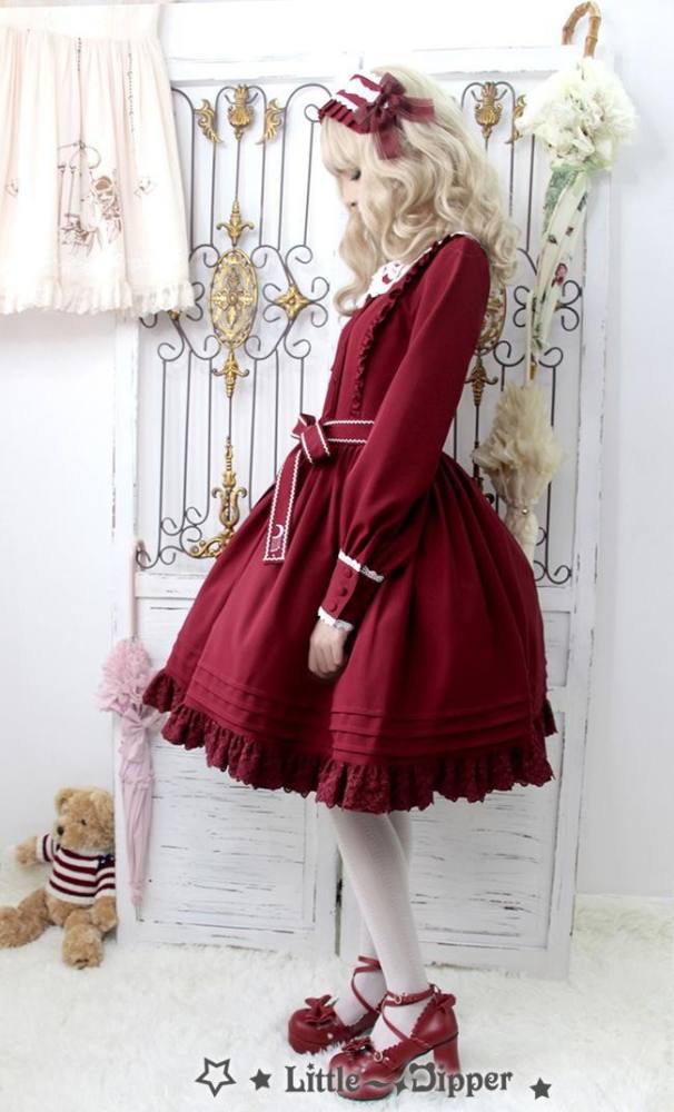 Little Dipper  ~Cat + Moon + Stars~ Embroidery Lolita Long Sleeves OP Dress - Ready Made