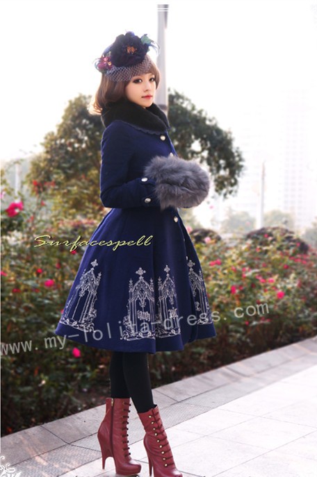 Elegant Gold Silver Embroidery Wool Lolita Winter Long Coat