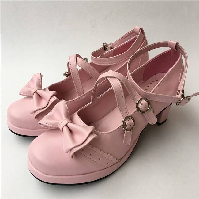 Black Bows Crossed Straps Matte Lolita Shoes Classic