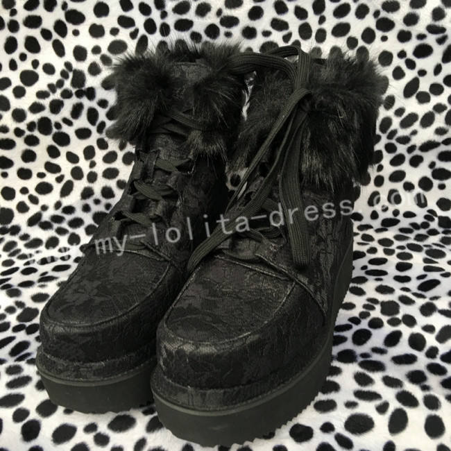 Gothic Black Velvet Lolita Short Boots with Lace and Furs