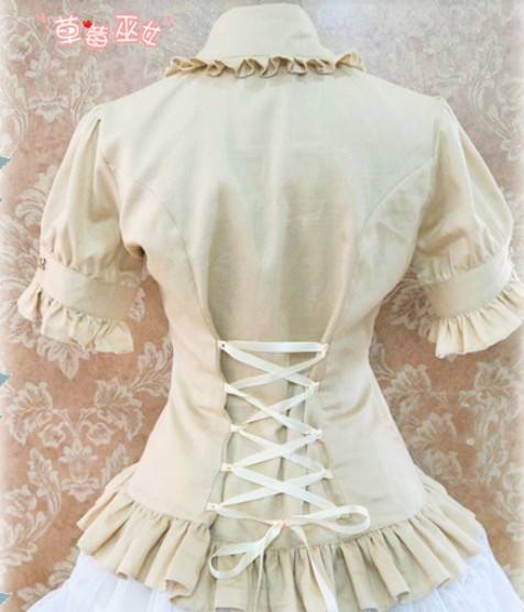 Cotton Short Sleeves Ruffles Bows Lolita Shirt 7 Colors Pink S & Khaki M - In Stock