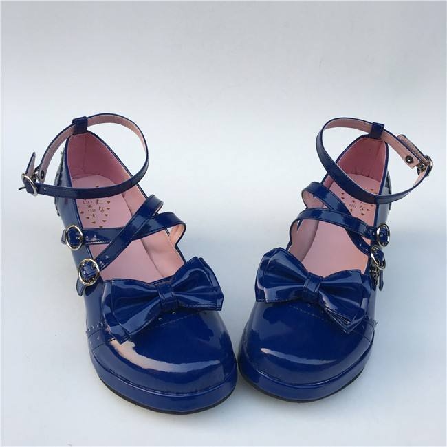 Black Bows Crossed Straps Matte Lolita Shoes Classic