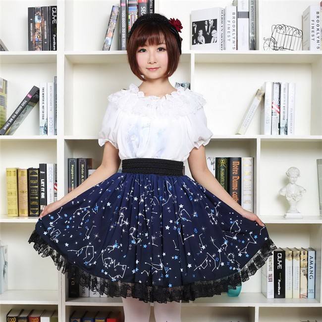 Sweet Dark Blue Constellation Printed Lolita Pleated Skirt