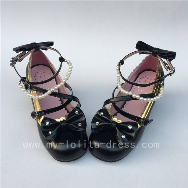 Sweet Black Beads Bows Lolita Shoes Flats Tea Party Heels