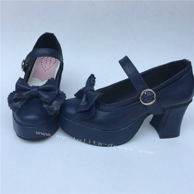 Navy Single Strap Bows Lolita Heels Tea Party Shoes