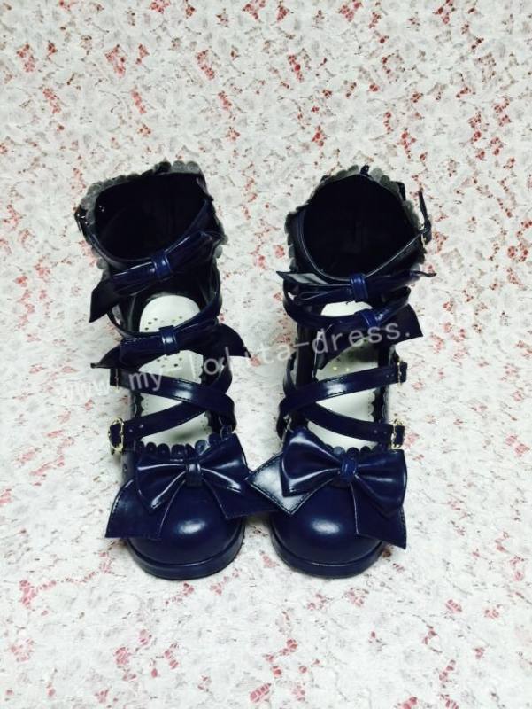 Sweet Wine Lolita Square Heels Shoes with Bowknots
