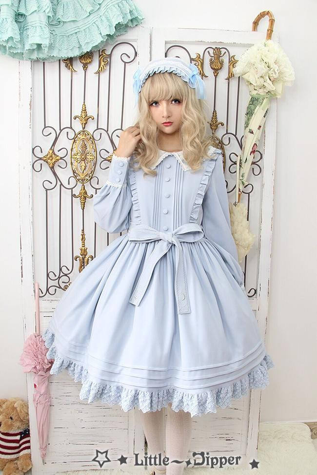 Little Dipper  ~Cat + Moon + Stars~ Embroidery Lolita Long Sleeves OP Dress - In Stock